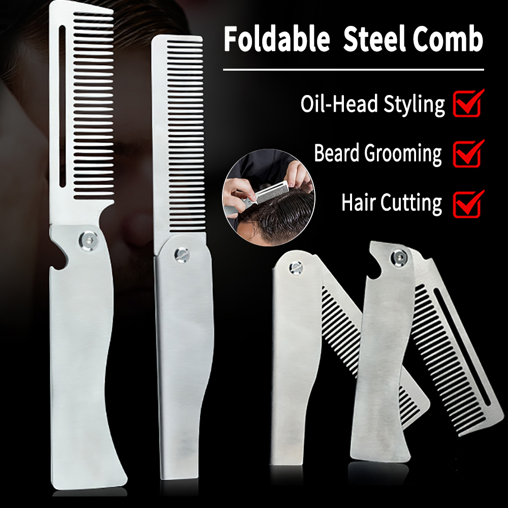 Hair Care Guide - 新型1/2個入り携帯用スチールコーム折りたたみ式ポケット髭コーム男性用オイルヘッドヘアスタイリングコームサロン理髪ツールヘアカット用